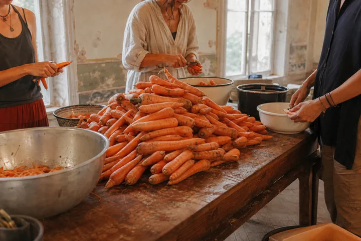 Three people preparing a large pile of carrots on a communal kitchen table
