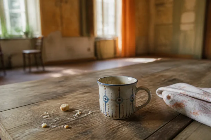 A lone ceramic mug left on a worn wooden table after breakfast